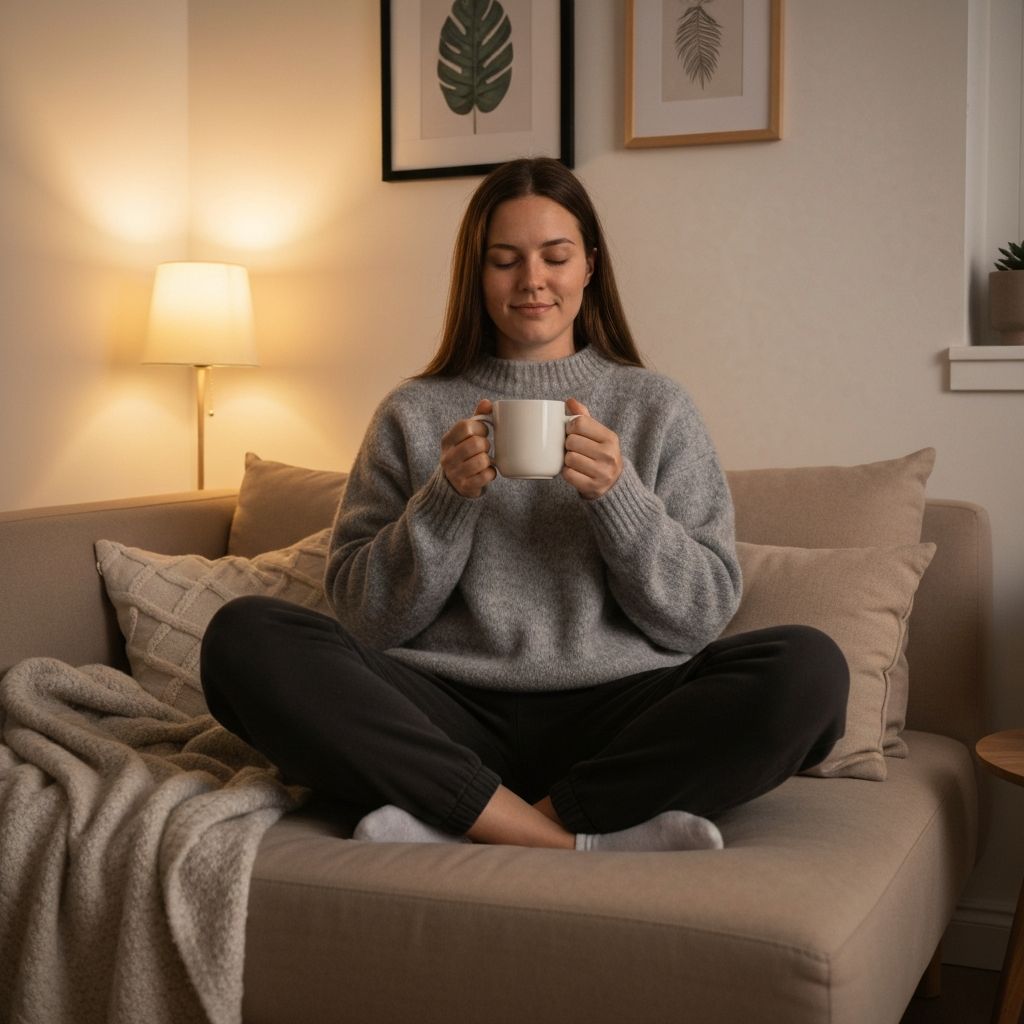 Person sitting comfortably on sofa during evening with soft lighting, tea cup nearby, fully at ease